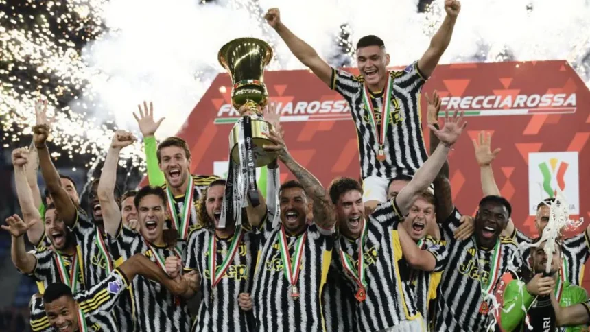 Juventus players celebrate winning the Coppa Italia