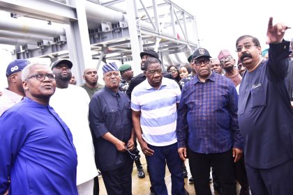 Aliko Dangote, Asuquo Ekpenyong, Oyetola Ashiru,  Opeyemi Bamidele, Godswill Akpabio and Devakumar Edwin during the National Assembly delegates visit to Dangote Petroleum Refinery, Petrochemicals and Fertiliser Plant in Lekki Lagos