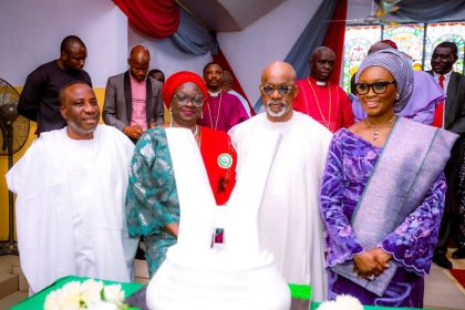 Kehinde Onasanya, Engr. Noimot Salako-Oyedele, Dapo Abiodun and his wife, Bamidele Abiodun during the 64th birthday and 5th year Thanksgiving Service of the governor, held at the Government House Chapel, Oke-Igbein, Abeokuta, on Sunday.