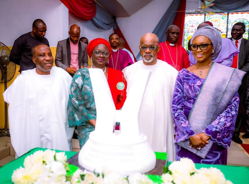 Kehinde Onasanya, Engr. Noimot Salako-Oyedele, Dapo Abiodun and his wife, Bamidele Abiodun during the 64th birthday and 5th year Thanksgiving Service of the governor, held at the Government House Chapel, Oke-Igbein, Abeokuta, on Sunday.