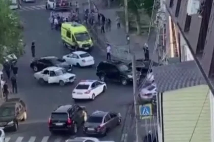 Police rushed to the scene of the attack in Makhachkala