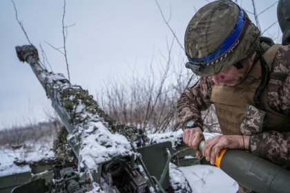 Ukrainian servicemen of 2 battalion 92nd brigade prepare to fire a 120-mm towed artillery pieces-mortar