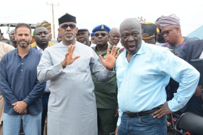 L-R: Project manager, Hitech Construction Company Limited, Marc Semaan, Gov Dapo Abiodun and Commissioner for Works, Engr Ade Akinsanya, during an inspection tour of Atan-Lusada-Agbara Road, currently undergoing reconstruction on Wednesday