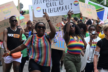 Supporters of the LGBTQ+ community protest against Uganda