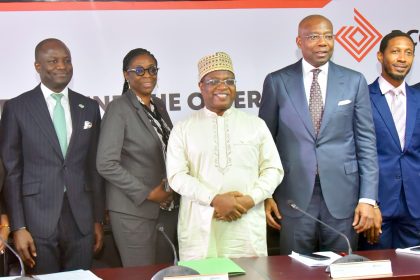 L-R: Morounke Olufemi, Group Chief Financial Officer, Access Holdings Plc; Temi Popoola, Group CEO, NGX Group, Bolaji Agbede, Acting Group Managing Director /Chief Executive Officer, Access Holdings Plc, Umaru Kwairanga, Group Chairman, NGX Group, Aigboje Aig-Imoukhuede, Chairman, Access Holdings Plc, Ahonsi Unuigbe and Roosevelt Ogbonna, Group Managing Director/CEO, Access Bank Plc, during the Facts Behind the Rights Issue Presentation by Access Holdings Plc, at the NGX in Lagos.