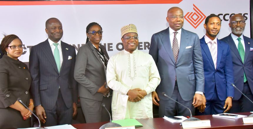 L-R: Morounke Olufemi, Group Chief Financial Officer, Access Holdings Plc; Temi Popoola, Group CEO, NGX Group, Bolaji Agbede, Acting Group Managing Director /Chief Executive Officer, Access Holdings Plc, Umaru Kwairanga, Group Chairman, NGX Group, Aigboje Aig-Imoukhuede, Chairman, Access Holdings Plc, Ahonsi Unuigbe and Roosevelt Ogbonna, Group Managing Director/CEO, Access Bank Plc, during the Facts Behind the Rights Issue Presentation by Access Holdings Plc, at the NGX in Lagos.