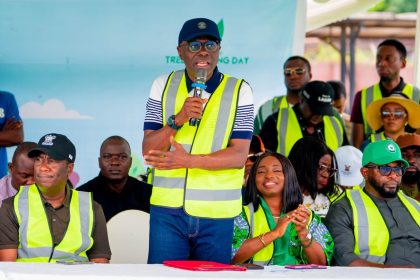 Sanwo-Olu flanked by Obafemi Hamzat and Ibijoke Sanwo-Olu