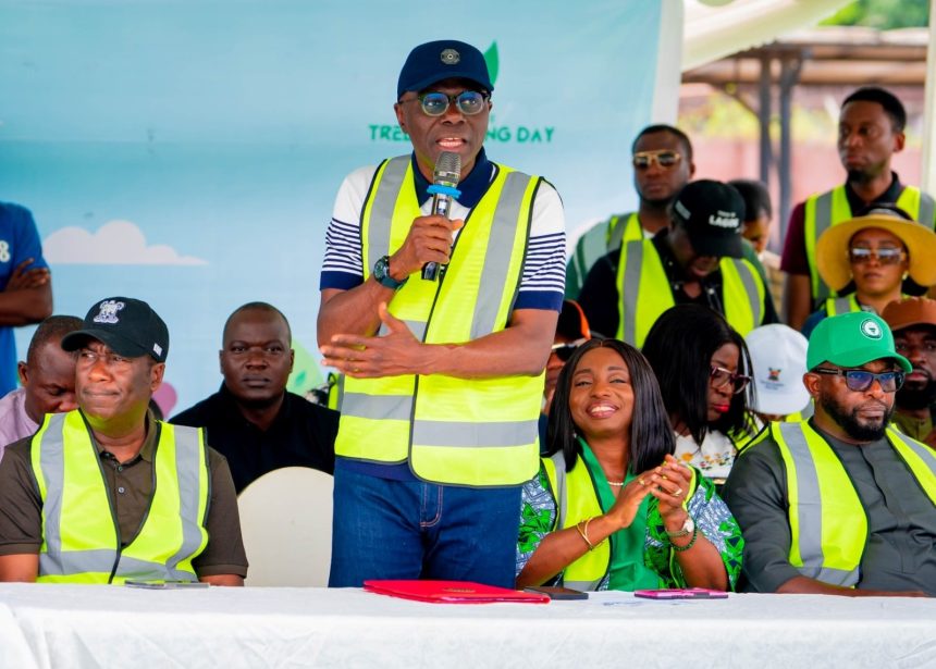 Sanwo-Olu flanked by Obafemi Hamzat and Ibijoke Sanwo-Olu