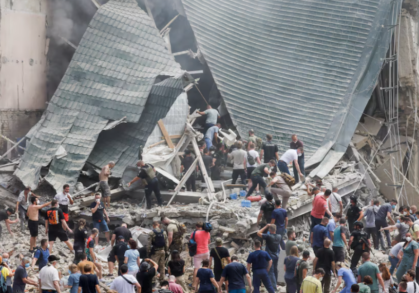 Rescuers work at Ohmatdyt Children's Hospital that was damaged during a Russian missile strikes