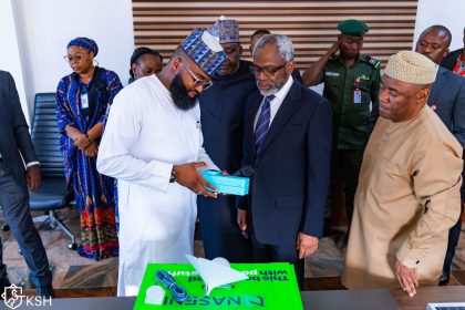 NASENI's EVC, Khalil Suleiman Halilu; Dep. CoS, Ibrahim Hadeija, Hon. Femi Gbajabiamila, CFR; and Permanent Secretary, State House, Engr. Olufunso Adebiyi during a familiarisation visit to NASENI