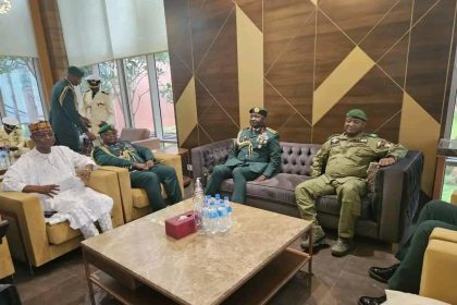 Christopher Musa, chief of defence staff, Nigerian Defence Intelligence (DIA) chief and the Nigerian ambassador to Niger at a meeting with Moussa Barmou, chief of staff of Niger Republic's armed forces