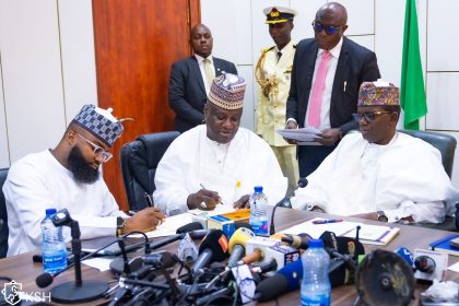 NASENI's Khalil Suleiman Halilu; PS defence ministry, Dr. Ibrahim Abubakar Kana and Minister of State for Defence, Dr Bello Mohammed Matawalle (MON) at the MoU signing to establish ammunition production factory at the DICON