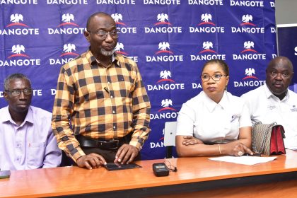 L-R: Dean School of Technology, Yabatech, Engr. Ajiboshin Isaac; Rector, Yabatech Dr. (Engr.) Ibraheem Adedotun Abdul; National Sales Director, Dangote Cement Plc, Funmi Sanni; and Regional Sales Director, Lagos/Ogun, Dangote Cement Plc, Tunde Mabogunje during the launching of Dangote Cement Plc Internship Scheme partnership with Yaba College of Technology in Yaba Lagos