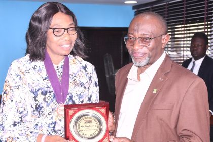 Engr. Dr. Ibraheem Abdul, Rector, Yabatech receiving a presentation of souvenir from the President, Association of Professional Women Engineers of Nigeria (APWEN), Engr. Dr. Adebisi Osini during a courtesy visit paid to the college