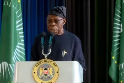 Obasanjo speaking in Nairobi, Kenya at the launch of Raila Odinga's campaign for AUC chairmanship