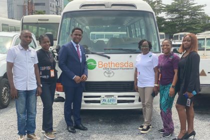 L-R: John Abah, Principal, Ikota Secondary School; Joy Ashuike Scholarship Officer, Bethesda Child Support Agency (Bethesda); Victor Willie, Head, Government and Stakeholder Relations, Access Holdings PLC; Lanre Abu, Director of Operations, Bethesda; Ogechi Ofurum, CEO, Bethesda, and Kanyinsola Olajiga, Team Member, Human Resources during the formal handover of two coaster buses