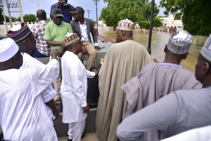 L--R, Ali Ndume, Abdullahi Sule, Aliko Dangote, Babagana Zulum and Sabo Makodo, during the Dangote visit to the flood victims in Maiduguri, Borno State