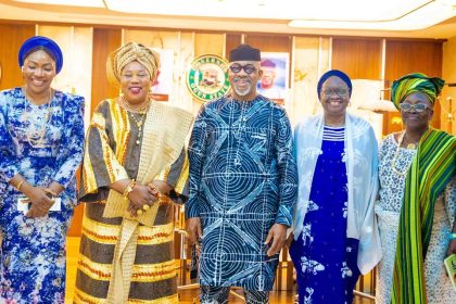 Adijat Motunrayo Adeleye; Iyaloja of Egbaland, Kemi Oloyede; Gov. Dapo Abiodun; his Deputy, Engr. (Mrs.) Noimot Salako-Oyedele; and the President of Market Women and Men and Iyaloja of Yewaland, Yemisi Abass, after a meeting aimed at ensuring fair pricing of food commodities in Ogun State