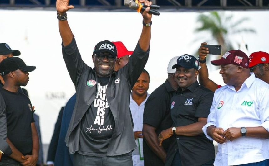 Obaseki speaking at PDP campaign rally in Opujie Primary School, Uromi