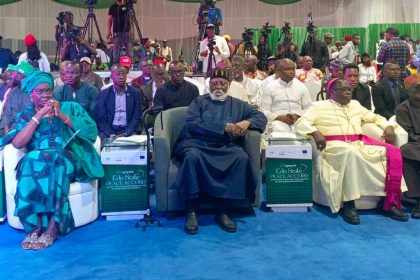 Abdsalami Abubakar, Bishop Father Kukah and others at the signing of peace accord for the Edo governorship election