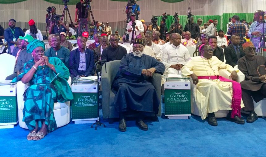 Abdsalami Abubakar, Bishop Father Kukah and others at the signing of peace accord for the Edo governorship election