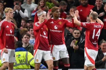 Man Utd players celebrate their biggest victory under Erik ten Hag