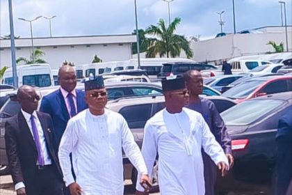 Yahaya Bello with Gov. Usman Ododo at the EFCC office