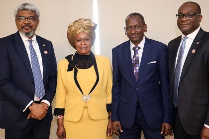 L-R: Access Bank’s Abraham Aziegbe; NDLEA’s Omolade Fagboyegbe; and Ibrahim Abdul; and Access Bank’s Femi Jaiyeola, at the Award and Decoration of Access Bank as Partner in the War Against Drug Abuse (WADA) by NDLEA