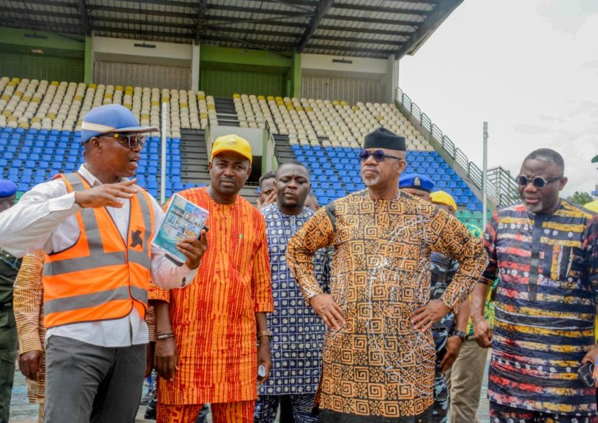 L-R: Representative of Aron Nigeria Limited, Abdul Razaq Salaudeen; Sports Development Commissioner, Hon. Wasiu Isiaka; Gov. Dapo Abiodun, and the Commissioner for Finance and Chief Economic Adviser to the governor, Dapo Okubadejo, during an inspection of the ongoing renovation of the MKO Abiola Stadium, Abeokuta