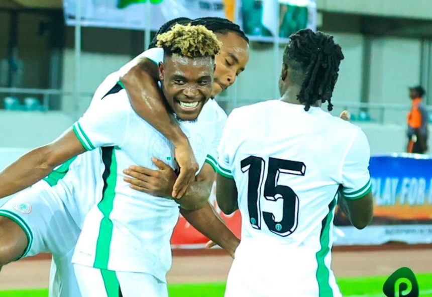 Fisayo Dele-Bashiru celebrates his winning goal in Super Eagles victory over Libya