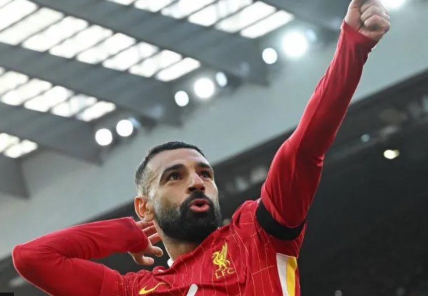 Mohamed Salah celebrates putting Liverpool ahead from the penalty spot against Chelsea at Anfield